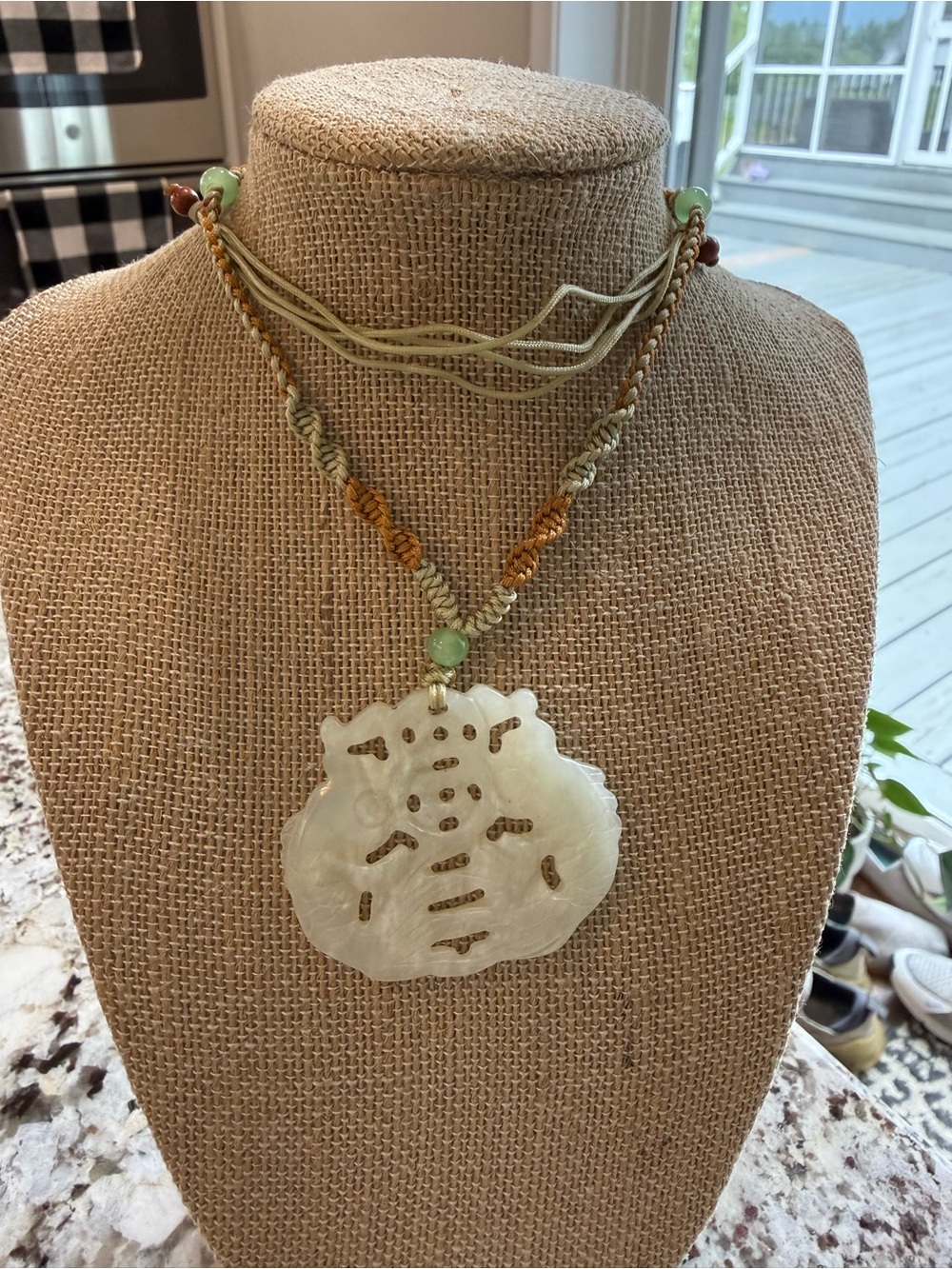 Vintage Chinese carved Jade Pendant Necklace w/ adjustable knotwork